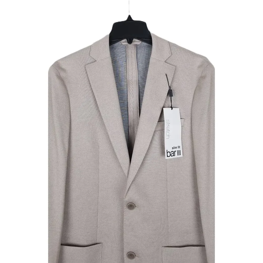 Bar III Mens Slim Fit Sport Coat Blazer 36R Beige Micro Zig Zag Stretch Knit NWT